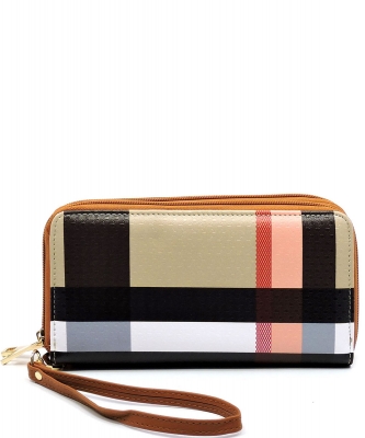 Plaid Check Zip Around Wallet Wristlet BT028 Tan